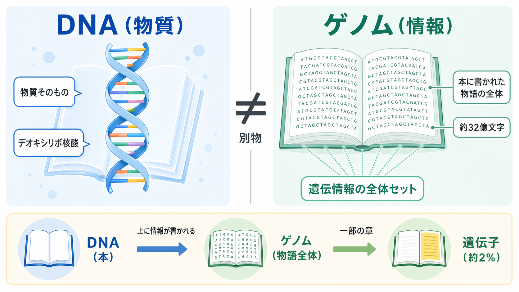 DNA(物質)とゲノム(情報)の違いを比較した図解。DNAは物質そのもの(本にたとえられる)、ゲノムはそこに書かれた遺伝情報の全体セット(物語全体にたとえられる)であり、遺伝子はゲノムのうち約2%の部分。
