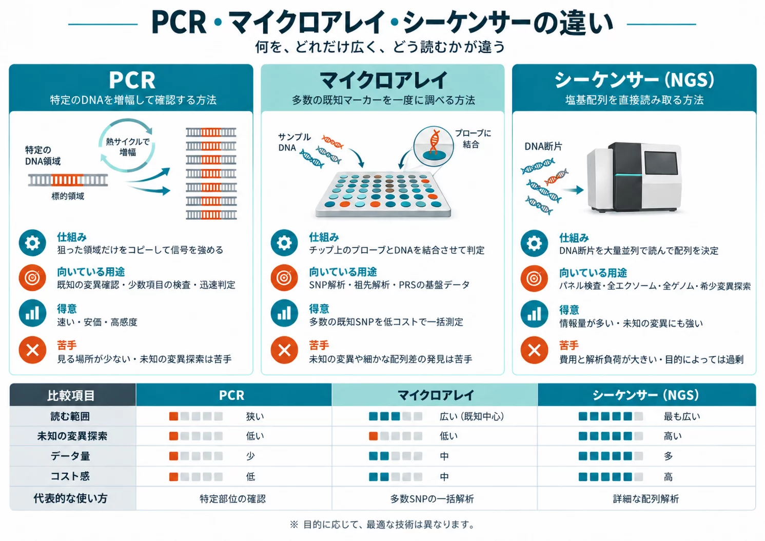 PCR・マイクロアレイ・シーケンサー(NGS)の仕組み、向いている用途、得意・苦手を比較した図解。PCRは特定のDNAを増幅して確認する方法、マイクロアレイは多数の既知マーカーを一度に調べる方法、シーケンサーは塩基配列を直接読み取る方法。読む範囲・未知の変異探索・データ量・コスト感を5段階で比較した表を含む。